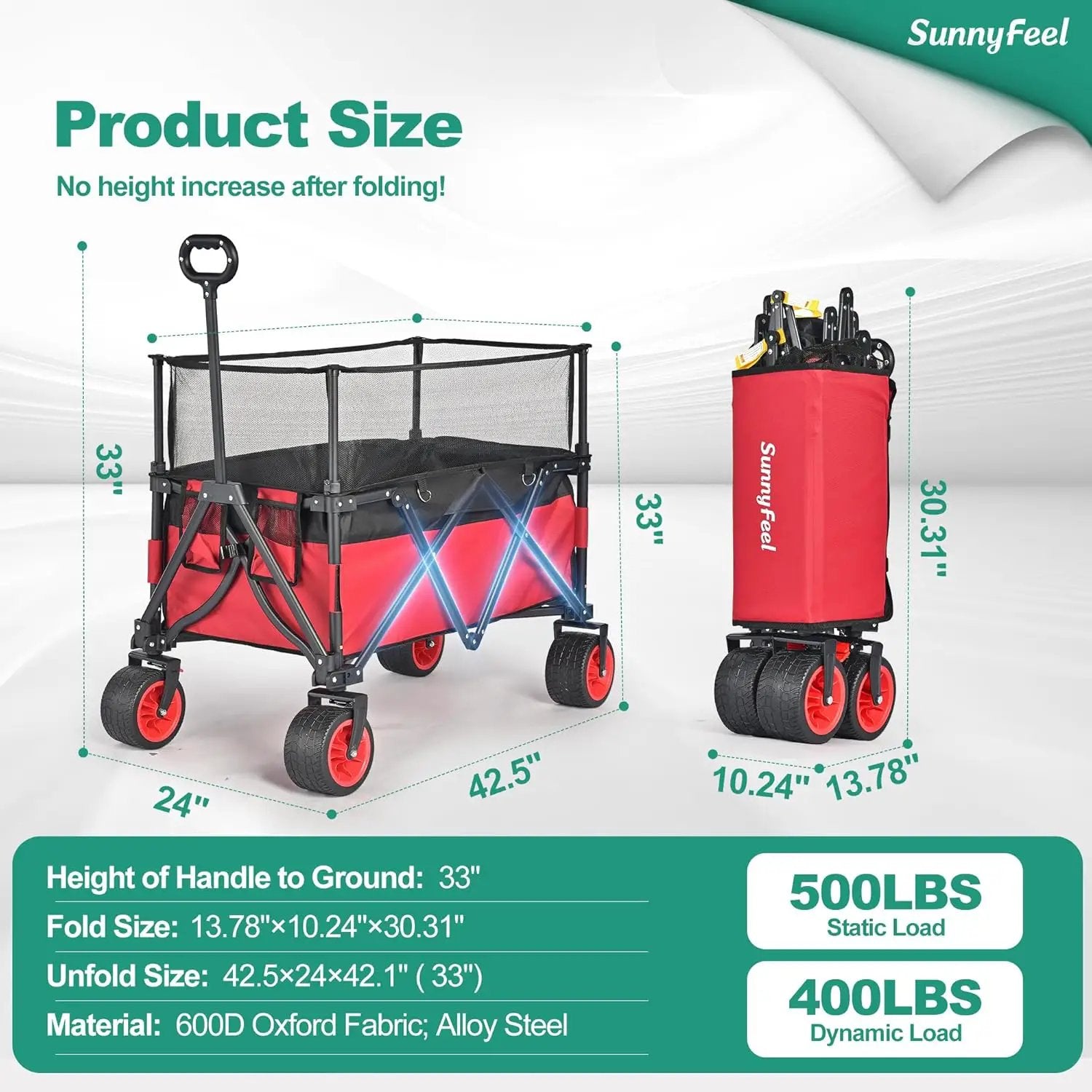 SUNNYFEEL Heavy Duty Collapsible Outdoor Utility Wagon Cart 500LB Capacity Adjustable Handlebar,Foldable Beach Wheels Stable Durable Oxford Fabric for Shopping Garden Camping (Red, Tall Version) by GreenHaven Gardens
