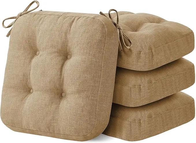 Chair Cushions for Dining Chairs, Dining Chair Cushions, Tufted Indoor Chair Pads with Ties & Non Slip Backing, Seat Cushions for Kitchen Chairs 16.5” x 16.5” x 3.5”, Set of 4, Khaki by GreenHaven Gardens