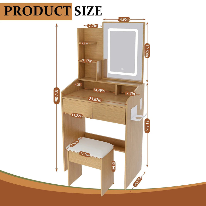 Vanity Table With LED Mirror, Power Outlet, Hairdryer Holder & Padded Stool by HouseOfZazla