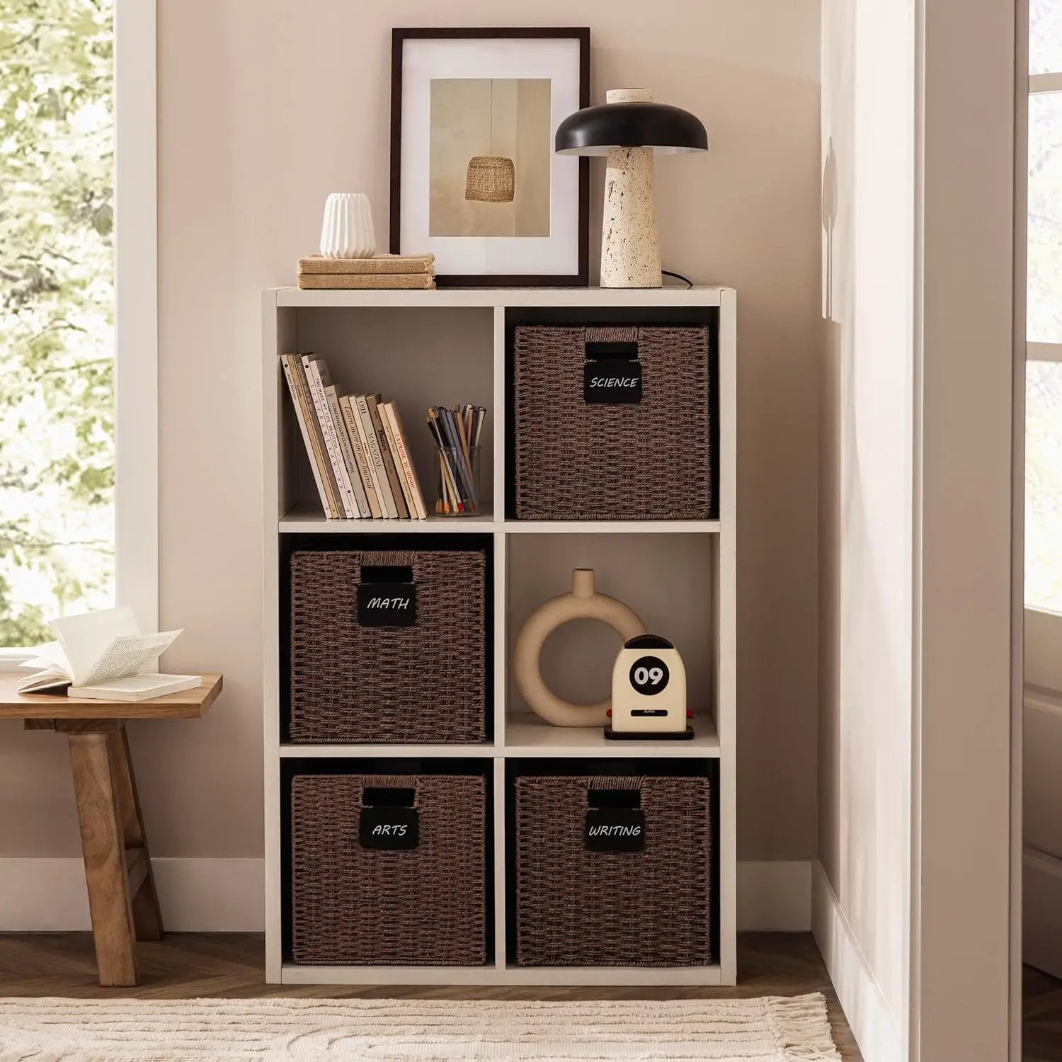 UBBCARE 4 Pack Wicker Basket, 10.5×10.5 Storage Cubes with Label, Foldable Cube Storage Bin with Handle, Square Storage Basket for Shelves, Woven Paper Rope Basket for Organizing, Brown by GreenHaven Gardens