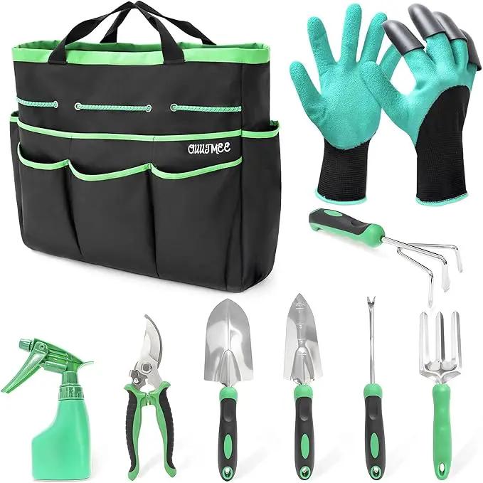 Garden Tool Set with Bag and Gloves, Heavy Duty Stainless Steel Gardening Tool Set, Ideal Gardening for Women and Men, Set of 9 by GreenHaven Gardens