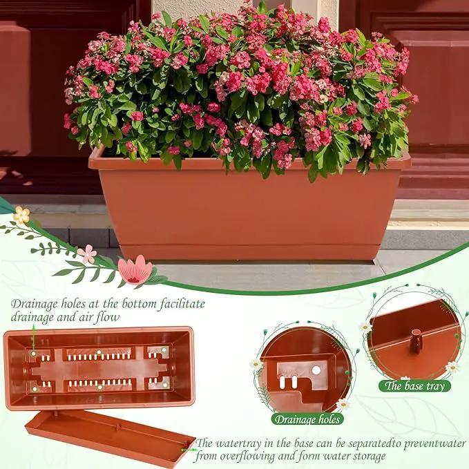 12Pcs 17Inches Rectangle Planter Box with Drainage Holes and Trays Plastic Planters Flower Boxes Pots for Indoor Outdoor Plants Patio Garden Home Decor Porch Yard (Black) by GreenHaven Gardens