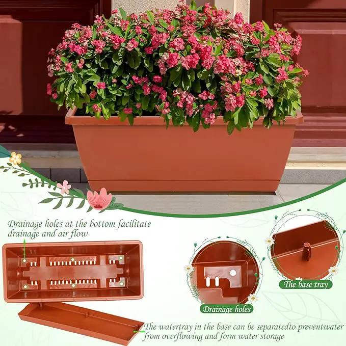 12Pcs 17Inches Rectangle Planter Box with Drainage Holes and Trays Plastic Planters Flower Boxes Pots for Indoor Outdoor Plants Patio Garden Home Decor Porch Yard (Gray) by GreenHaven Gardens
