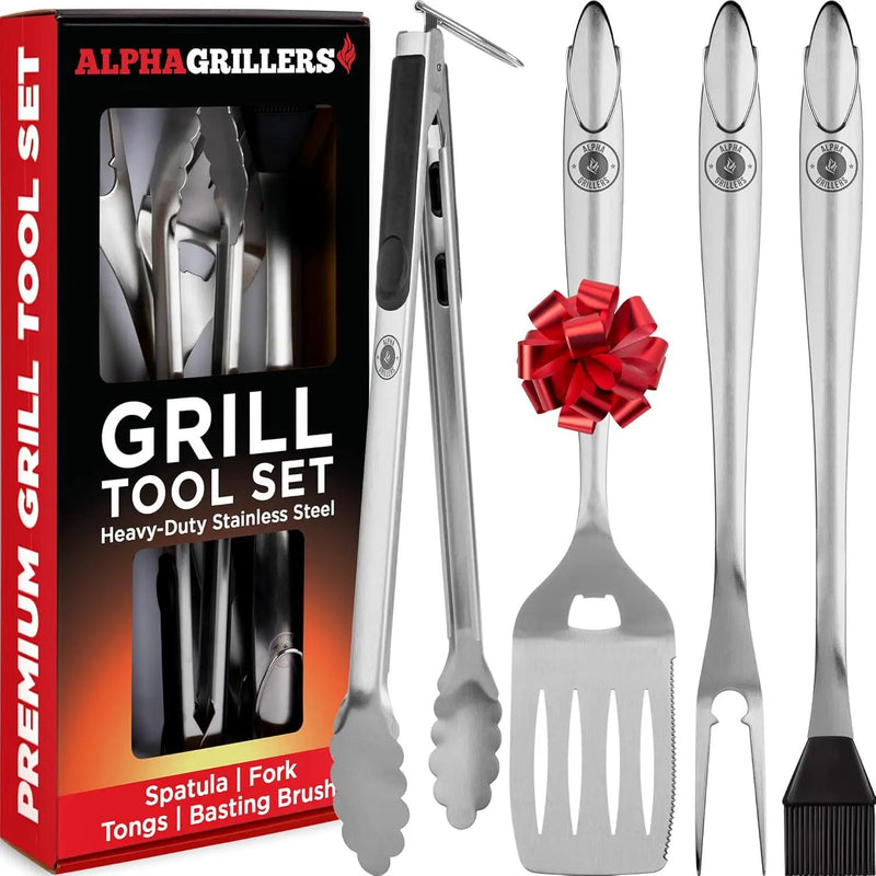 Alpha Grillers Grilling Accessories - BBQ Accessories Grill Gifts for Men Dad Him Husband Son Boyfriend Birthday - Barbecue Grilling Tools Utensils Set with Spatula, Fork, Brush, Tongs Kit by GreenHaven Gardens