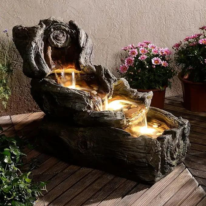 31.5" L Garden Water Fountain Outdoor, Artifical Imitation Wood Outdoor Water Fountain Natural Waterfall with LED Lights for Patio,Porch,Backyard,Home Art Decor（Resin） by GreenHaven Gardens