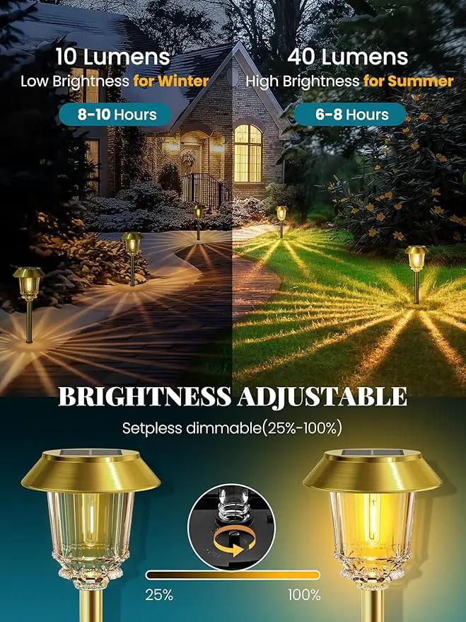 Solar Lights Outdoor Waterproof,4 Pack Gold Pathway Lights with 10-40 LM Dimmable Glass and Metal, Solar Powered Garden Decor for Yard,Patio,Pathway,Driveway(Warm White) by GreenHaven Gardens