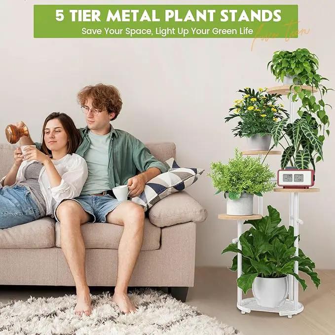 TOSKING 5 Tier Metal Plant Stand Indoor， Plant Shelf, Corner Shelf Flower Pot Stand for Outdoor Plant Stand for Living Room Balcony Garden Patio Bedroom (White and Wood, 42in) by GreenHaven Gardens