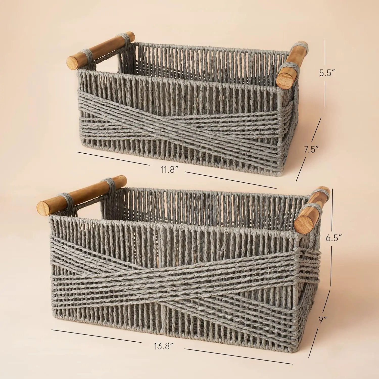 LA JOLIE MUSE Wicker Storage Baskets for Organizing, Recyclable Paper Rope Basket with Wood Handles, Decorative Hand Woven Basket Organizers for Makeup Books Shelves Living Room, Grey, Set of 2 by GreenHaven Gardens