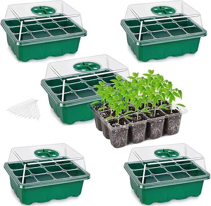Bonviee 5-Pack Seed Starter Trays, Seed Starter Kit with Adjustable Humidity Dome and Base Indoor Greenhouse Mini Propagator for Seeds Growing Starting (12 Cells Per Tray, Green) by GreenHaven Gardens