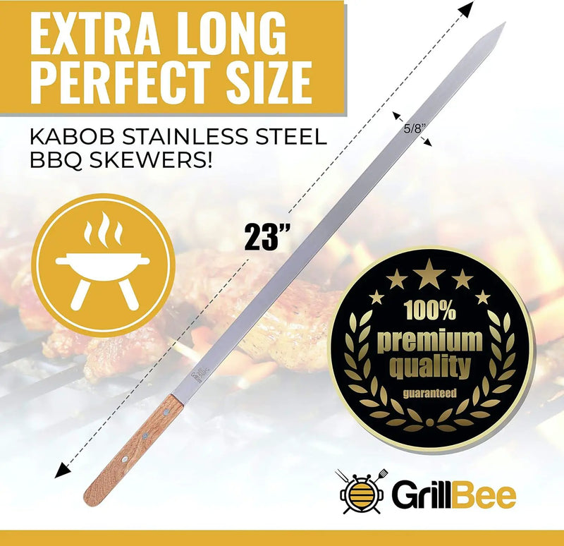 Premium Kabob Skewers 23 inch Long and 5/8 inch Wide Stainless Steel Flat Reusable Metal Skewers for Grilling BBQ - Chicken Kebab, 8pc Set with Bag by GreenHaven Gardens