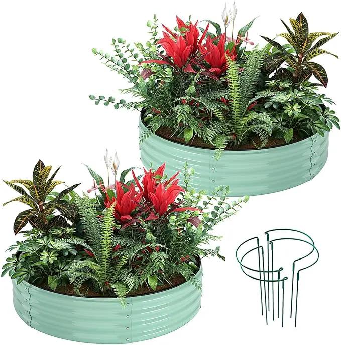 Galvanized Metal Planter Round Raised Garden Bed Kit for Gardening Outdoor，2x2x1ft 2PC Grow Garden Box Raised Flower Bed，Round Galvanized Planter Outdoor Metal Fire Pit Ring Green by GreenHaven Gardens