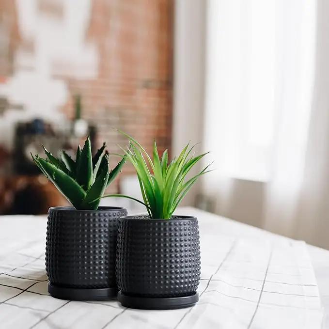 D'vine Dev Set of 2 Ceramic Plants Pots, 4 Inch Beaded Stoneware Flower Pot for Plants with Drainage Hole and Saucer, Ebony Matte, 27-E-Z-6 by GreenHaven Gardens
