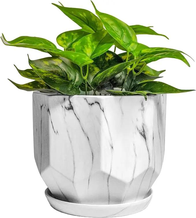 Large 7 Inch Marble White Plant Pots Planters with Saucer Tray, Mesh Pad, Drainage Hole and Stopper, Hand Glazed Flower Pot, Garden Indoor Outdoor Planter, Modern Home Decor (Ceramic, White) by GreenHaven Gardens