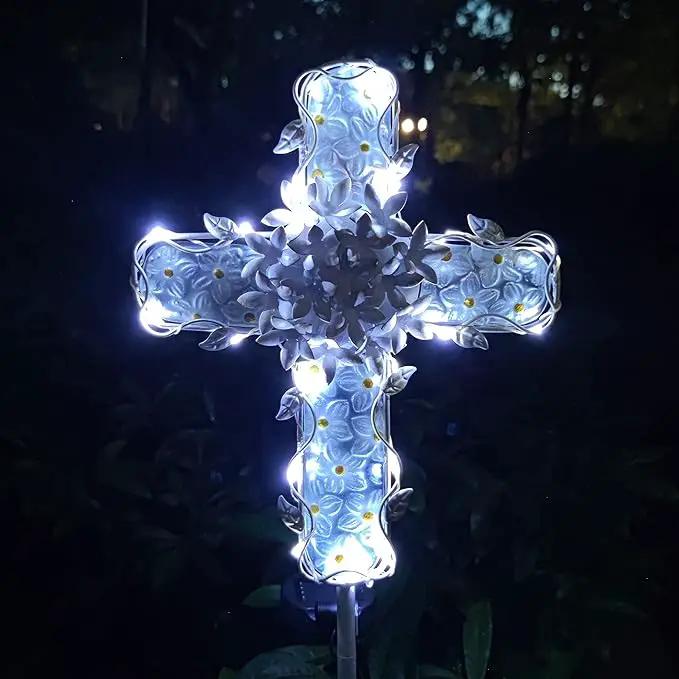 38Inch Solar Cross Garden Lights Outdoor Decorative - Solar Metal&Glass Cross White Hydrangea Flower Stake Lights- Waterproof 20 Warm White LED for Remembrance Gifts & Sympathy Gifts. by GreenHaven Gardens