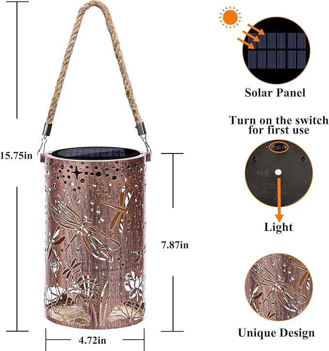 Toodour Solar Lantern Outdoor, Dragonfly Gifts for Women Mom Grandma Hanging Solar Outdoor Lights Waterproof, Hollow Out Retro Metal Dragonfly Lights for Patio, Balcony, Walkway, Yard Decorations by GreenHaven Gardens
