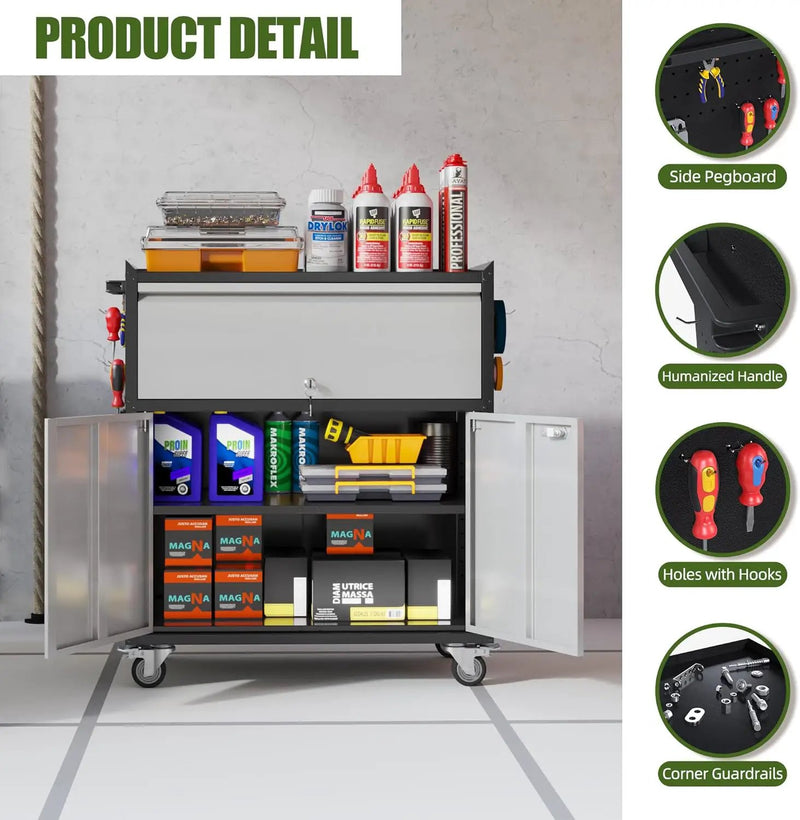 Metal Storage Cabinet on Wheels with 1 Drawer, Rolling Steel Garage Tools Cabinet with Side Pegboard &4 Hooks & 1 Adjustable Shelf for Garage,Shop,Home,Gray/Black, Assembly Required