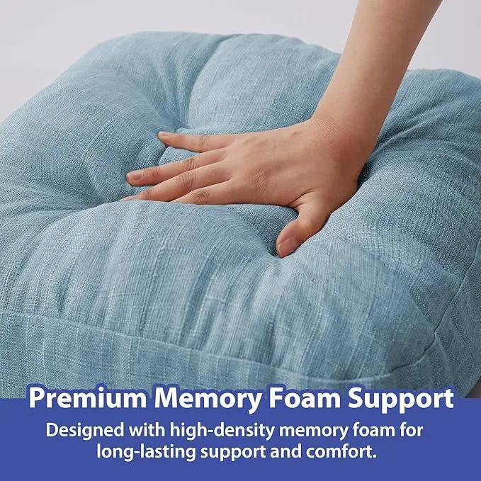 Chair Cushions for Dining Chairs, Dining Chair Cushions, Tufted Indoor Chair Pads with Ties & Non Slip Backing, Seat Cushions for Kitchen Chairs 16.5” x 16.5” x 3.5”, Set of 4, Light Blue by GreenHaven Gardens