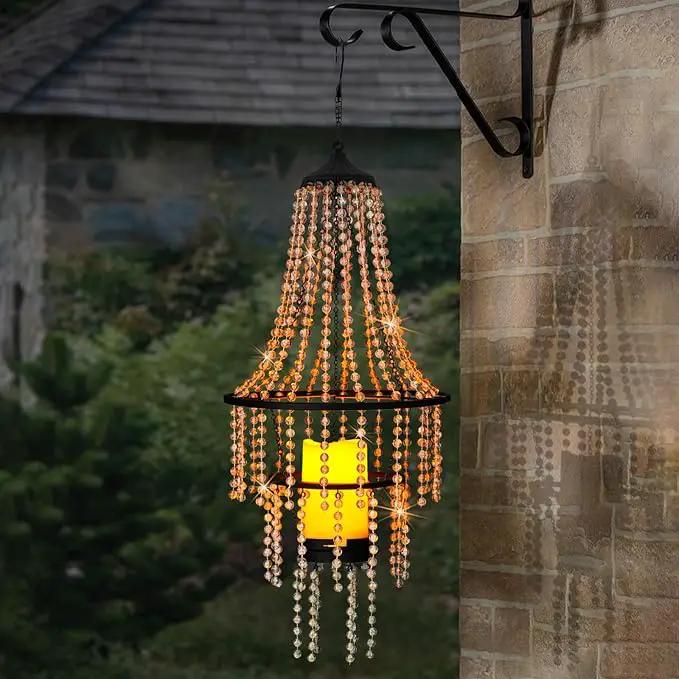 Hanging Candle Chandelier Outdoor, Battery Operated Clear Acrylic Beaded Chandelier with Flickering Led Candle Light S Hooks Modern Lantern for Garden Yard Patio Gazebo Room Indoor Decorations, 28”H by GreenHaven Gardens