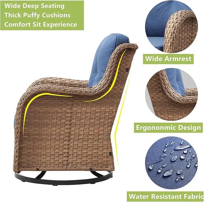 Outdoor Patio Swivel Rocker Chairs - 3 Piece Patio Bistro Set,Wicker Patio Furniture Set with 2 Swivel Rocking Chairs and 1 Glass Top Side Table for Deck Porch Garden,Yellow/Blue by GreenHaven Gardens