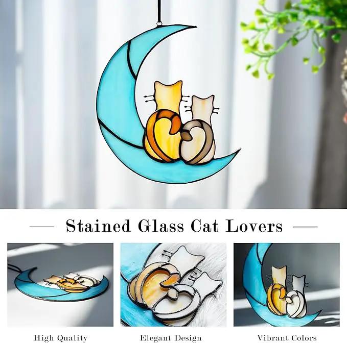 HDCRYSTALGIFTS Couple Cat Sitting on Moon Stained Glass Window Hanging, Modern Art Suncatcher for Window, Wall Decor,Cat Lover Gifts for Women/Girls by GreenHaven Gardens