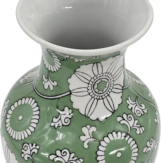 Galt International Floral Chinoiserie Ceramic Vase 14" - Hand Painted Antique Style Porcelain Flower Bottle Fishtail Porcelain Chinese Vase for Home Decor Centerpiece by GreenHaven Gardens