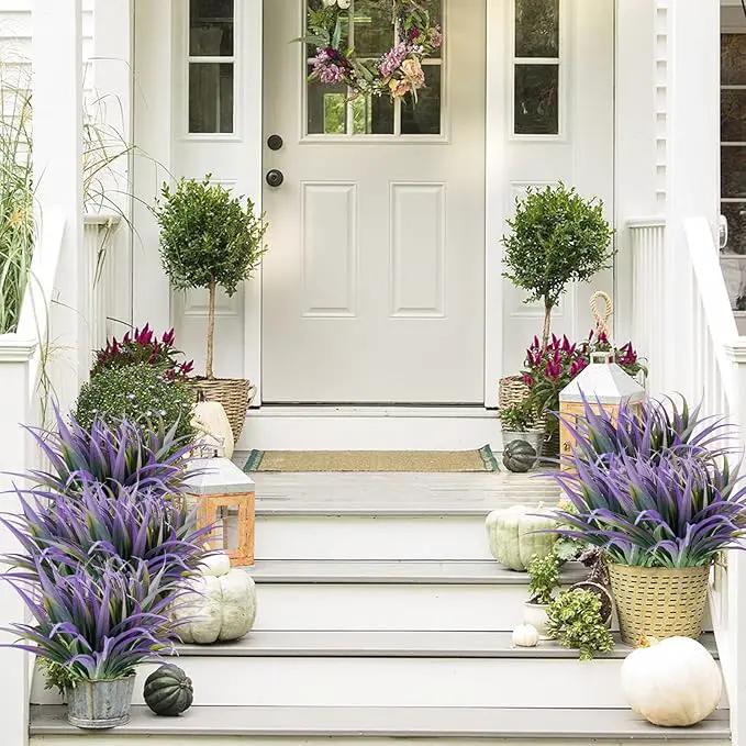 16Pcs Artificial Grass Fake Plants 17.3in Outdoor Plants UV Resistant Faux Greenery Stems Fake Grass for Home Window Garden Office Patio Pathway Front Porch Halloween Décor Green & Purple by GreenHaven Gardens