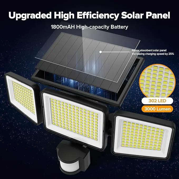 UME Solar Outdoor Lights 302 LED 3000LM, IP65 Waterproof Motion Sensor Outdoor Lights, 3 Heads Solar Security Flood Lights 270 Wide Lighting Angle with 3 Modes for Garden Patio Yard - 4 Pack by GreenHaven Gardens