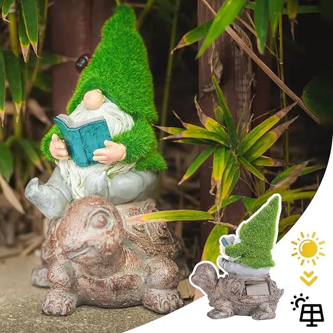Garden Gnome Sitting on Turtle Outdoor Statues and Sculpture with Solar Lights, Garden Gnome Solar Statues and Turtle Figurines for Patio Yard Lawn Porch Decorations by GreenHaven Gardens