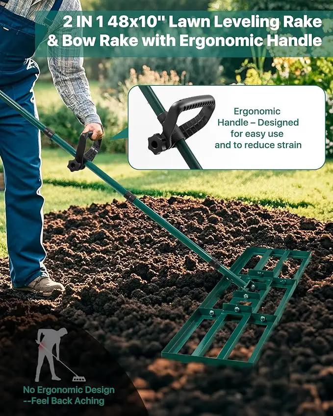 Lawn Leveling Rake 48x10'', Yard Leveling Rake with 78'' Back-Saving Adjustable Handle, Stainless Steel Lawn Leveler Tool with 17'' Tines Head for Garden, Backyard, Farm, Golf Course by GreenHaven Gardens