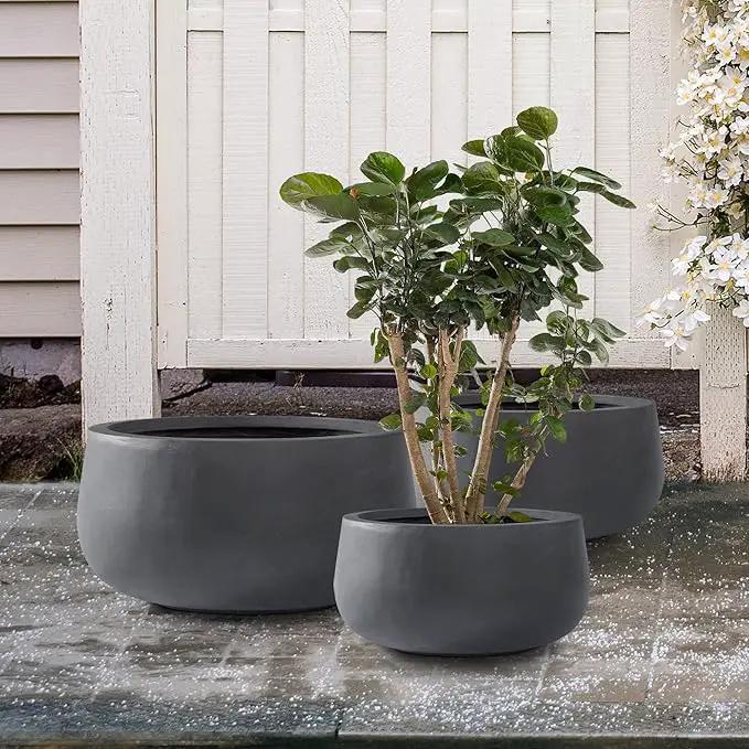 Kante 19.6",15.7",11.8" Dia Round Concrete Planters Set of 3, Outdoor Indoor Garden Plant Pots with Drainage Hole and Rubber Plug, Modern Curvaceous Design, Charcoal by GreenHaven Gardens