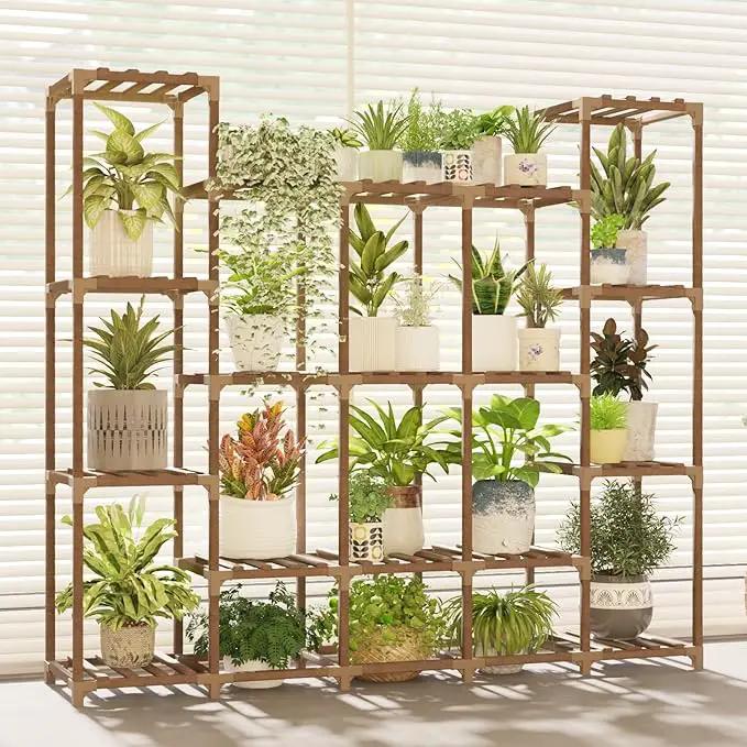 Large Plant Shelf 17 Pots Plant Stand Indoor Outdoor Tall Plant Rack Wood for Indoor Plants Multiple Plant Holder for Patio Balcony Garden Flower Stand Load-Bearing 600 LBS by GreenHaven Gardens