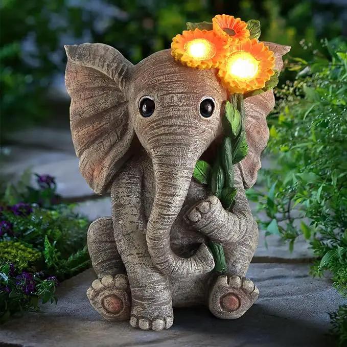 Outdoor Sculpture Figurine Statue Elephant Decor,Solar Garden Statues for Patio Home Yard Decor,Good Luck Sunflower Elephant for Women, Mom Gifts Housewarming Gift by GreenHaven Gardens