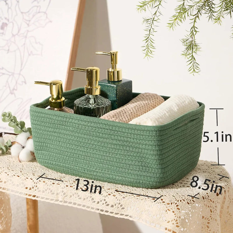 Small Storage Baskets for Organizing | Closet Organizer Bins | Shelf Toy Basket | Woven Rope Baskets | Cube Decorative Box | Shallow Basket | 13x8.5x5.1” | 3 Packs Green by GreenHaven Gardens