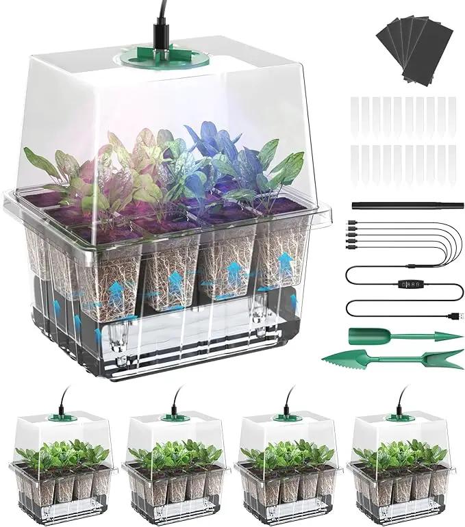 Seed Starter Tray, 60-Cells Seedling Starter Trays with Grow Light, Self-Watering Seed Germination Kit for Indoor Gardening Seed Starting (5 Pack, Clear Base) by GreenHaven Gardens