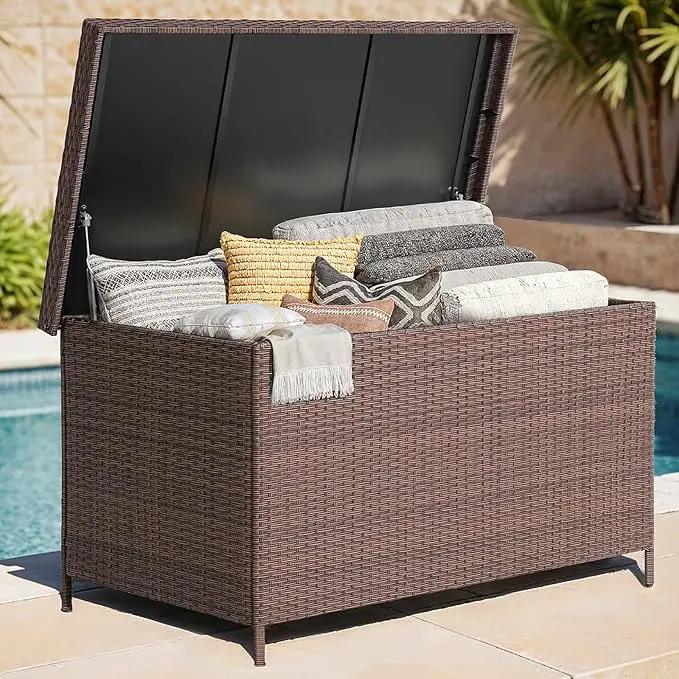 158 Gallon XL Deck Box with Lid, All Weather Wicker Outdoor Storage Box Waterproof, Large Outdoor Patio Storage Bin for Cushions, Garden Tools, Gears, Pool Accessories, Brown by GreenHaven Gardens