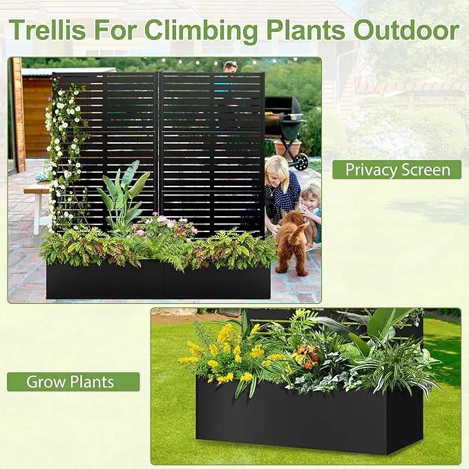 Trellis for Climbing Plants Outdoor，Mental Garden Bed with Drainage Holes Outdoor Privacy Screen Design Tall planters for herb Flower Vegetables 73"x35"x16", Black-Louvered by GreenHaven Gardens