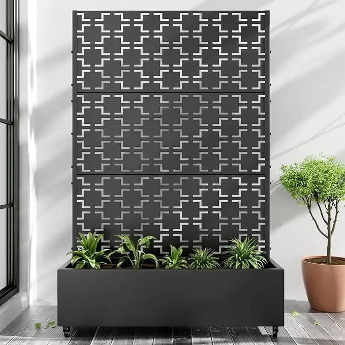 Casaphoria Metal Raised Garden Bed with Trellis and Wheels, 72"x47"x16" Planter Box for Climbing Plants, Vegetables & Vines, Features Drainage Holes and Privacy Screen (Black-Brick) by GreenHaven Gardens
