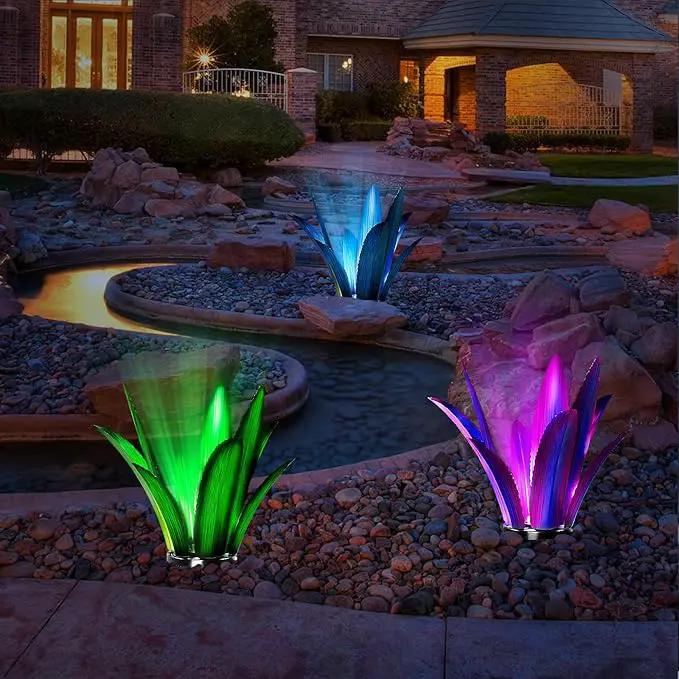 Upgraded Large Metal Yard Art, Metal Agave Plant Yard Decorations Outdoor Sculpture, Metal Flowers for Outside, Waterproof Outdoor Garden Decor (Green (W/Solar Light)) by GreenHaven Gardens
