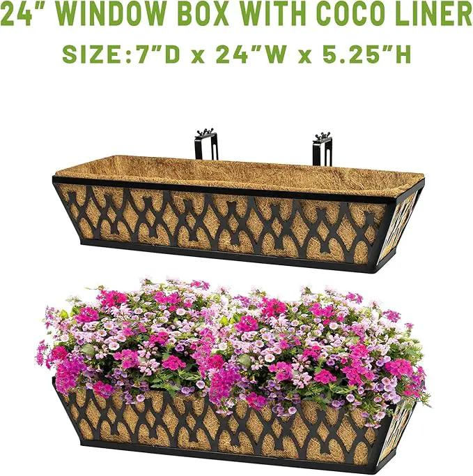 2 Pack 24 Inch Window Boxes Planters Railing Planter Box with Adjustable Brackets for Porch Fence Patio Balcony Hanging Flower Baskets with Coco Liners for Outdoor Garden Décor - Black by GreenHaven Gardens