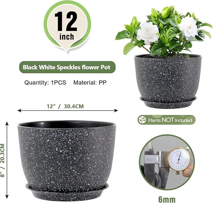 12 inch Big Plant Pots, Plastic Planters with Drainage Holes and Trays, Large Flower Pots for Indoor Outdoor Plants, Modern Decorative Pots for Garden House Plants, Speckled Black by GreenHaven Gardens