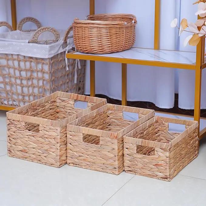 Woven Natural Water hyacinth Rectangular Storage Baskets with inside Handle,Kingwillow(Large) by GreenHaven Gardens