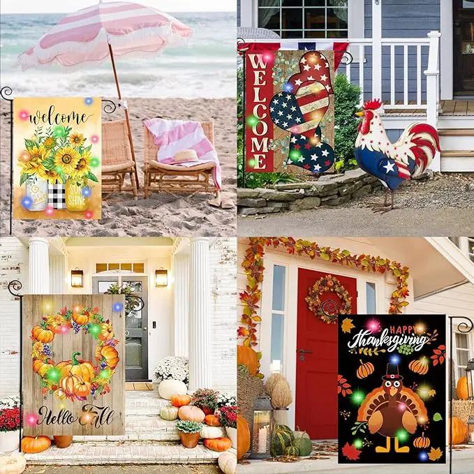 Lighted Seasonal Garden Flags Set of 12 Double Sided 12 x 18 Inch LED Yard Flags, Small Flags for Outside, Fall Winter Halloween Christmas Outdoor Flags,Solar Holiday Garden Flags for All Seasons by GreenHaven Gardens
