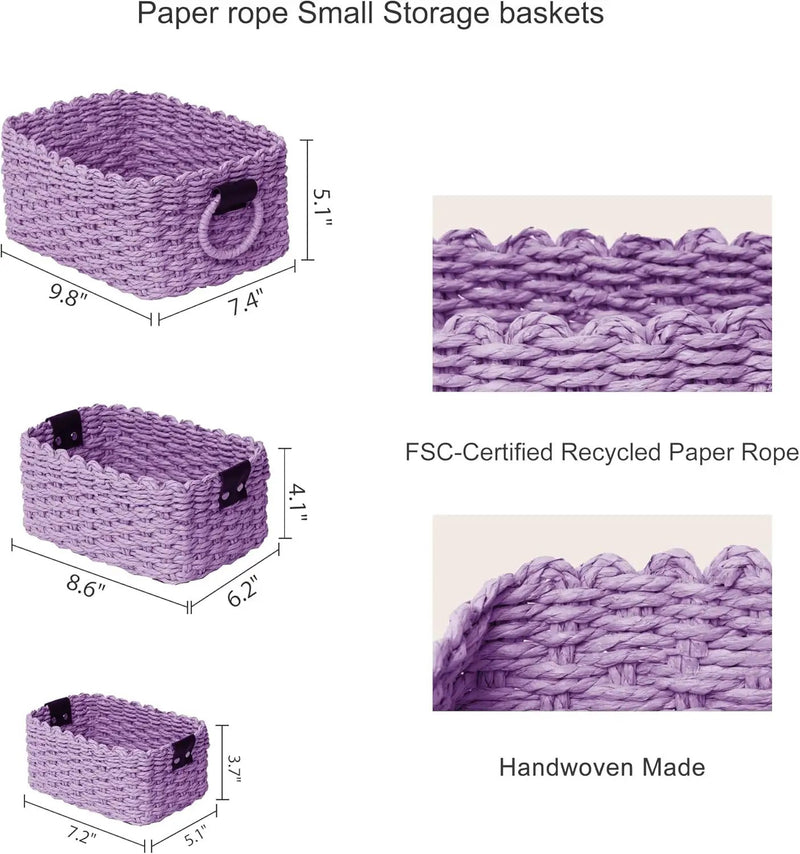Small baskets for Organizing,Cute woven Storage basket with recycled paper rope for Shelves Bathroom,Little decorative basket,Set of 3 (Purple) by GreenHaven Gardens