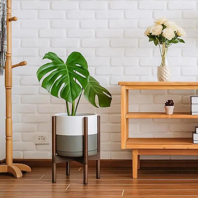 D'vine Dev Ceramic Planter with Walnut Color Stand - 10 Inch Modern Round Flower Pot with Wood Planter Holder, White/Grey, 55-B-X-6 by GreenHaven Gardens