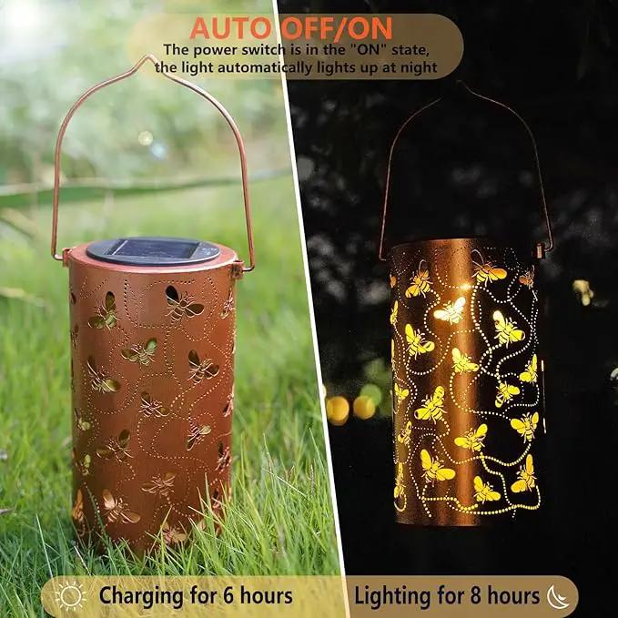 Solar Honeybee Lanterns Outdoor Hanging Decor Lantern,Waterproof Hollow Out Retro Metal Decorative Garden Light,Graceful Decoration for Patio,Yard,Landscape,Walkway,Festival by GreenHaven Gardens