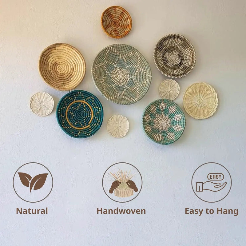 Wicker Basket Wall Decor – Boho Baskets For Wall Decoration with Loop Attached, Handwoven Wall Plates, Natural Woven Wall Art for Living Room Bedroom, Decorative Seagrass Wall Hanging Set of 10 by GreenHaven Gardens
