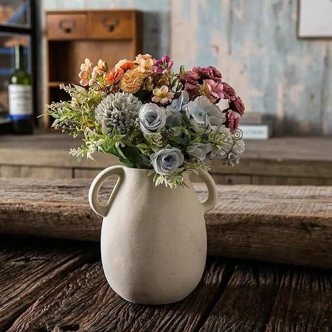 Off-White Ceramic Vase with 2 Handles, Sandstone Texture for Modern Farmhouse Decor, Rustic Pottery, Decorative Flower Vase, Clay Small Vase, Centerpiece for Dining Table - 7 Inch Tall by GreenHaven Gardens