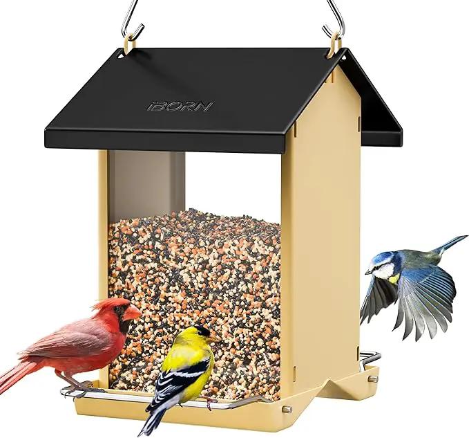 iBorn Bird Feeders for Outdoors,Bird House Feeder with Weatherproof Metal Roof & 8 Drain Holes,Fully Detachable Birdfeeder Design,Easy Clean & Refill,Chew-Proof PC Windows,1.5 Lbs Capacity,Black Roof by GreenHaven Gardens