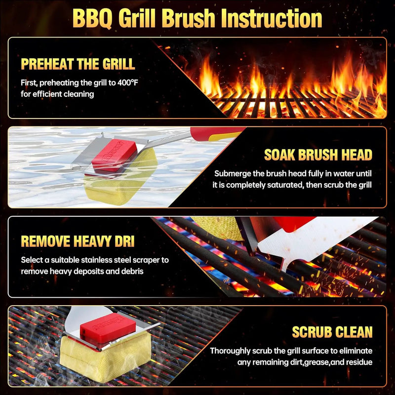 Grill Brush Bristle Free for Outdoor Grill, Steam Grill Cleaning Brush Replaceable BBQ Cleaner Brush Head,Extended Handle, Safe Grill Brush with Scraper for Cast Iron Stainless-Steel Grates, Red by GreenHaven Gardens