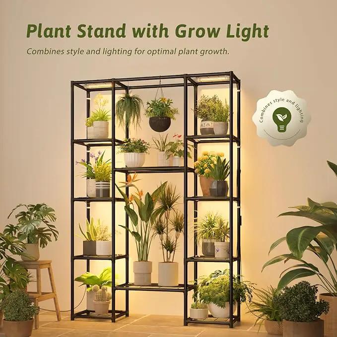 Plant Stand Indoor with Grow Lights Large Plant Shelf Plant Cabinet Hanging Plant Rack Metal Plant Holder for Multiple Plants for Living Room Patio Balcony Garden Black by GreenHaven Gardens